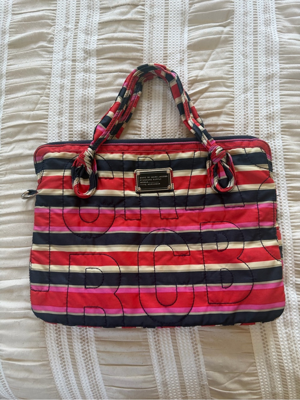 Marc by Marc Jacobs Pink Red Navy Cream Striped Quilted Laptop Bag